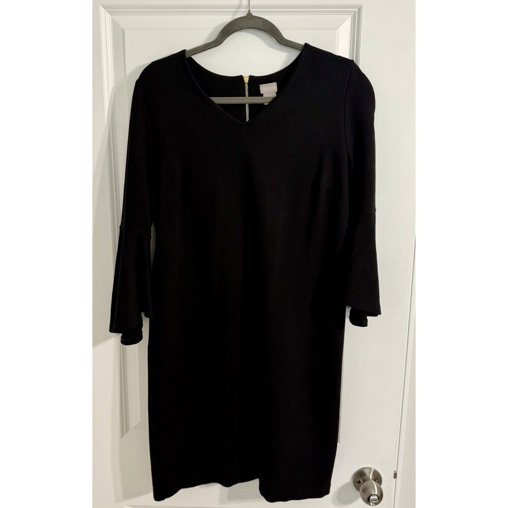 Chicos 0(US-4) Black Flare Sleeves Dress With Gold Zippered Back